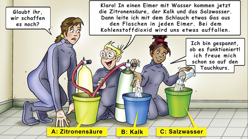 Das Bild zeigt drei Kinder, die in einem Labor experimentieren und mit verschiedenen Substanzen (Zitronens&auml;ure, Kalk und Salzwasser) arbeiten. Sie sind aufgeregt und diskutieren, w&auml;hrend sie Gas in die Eimer leiten, um eine Reaktion zu beobachten.