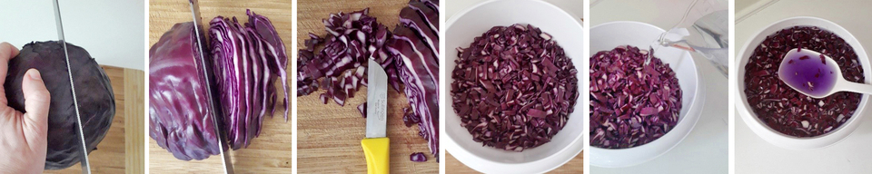 Das Bild zeigt den Prozess der Zubereitung von Rotkohl f&uuml;r ein Experiment. Es sind Schritte zu sehen, wie der Kohl geschnitten und in Wasser eingeweicht wird, um eine farbige L&ouml;sung zu erzeugen, die als pH-Indikator genutzt werden kann.