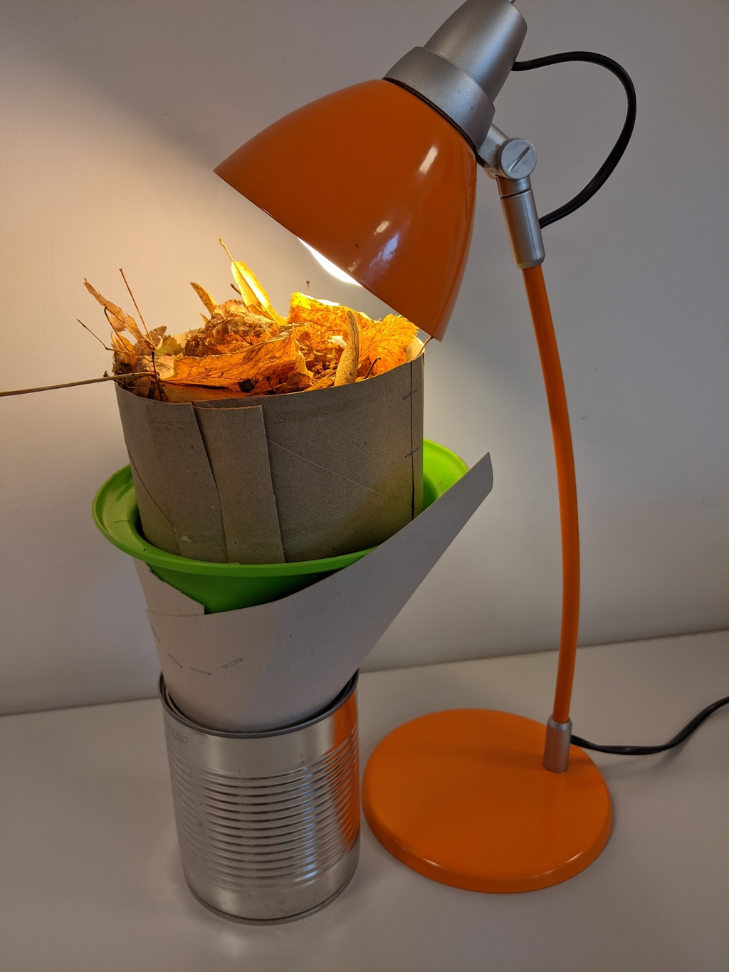 Eine Tischlampe leuchtet auf einen Behälter, der mit trockenen Blättern gefüllt ist. Das ganze Setup besteht aus einer Kombination von Papier, einer grünen Schüssel und einer leeren Dose, die als stabile Basis dient.