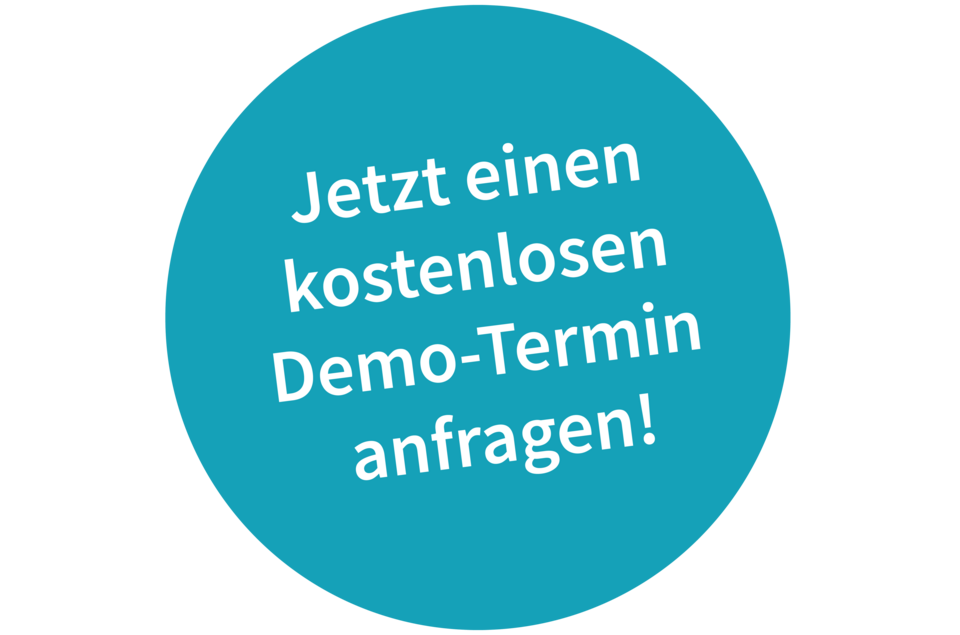 Das Bild zeigt einen auff&auml;lligen, hellblauen Kreis mit dem Text &bdquo;Jetzt einen kostenlosen Demo-Termin anfragen!&ldquo; in wei&szlig;en Schrift. Es handelt sich um eine Aufforderung, eine kostenlose Demovorf&uuml;hrung f&uuml;r Experimentierbedarf anzufordern.