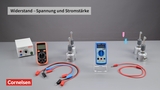 Das Bild zeigt verschiedene Geräte und Materialien für Experimente zu Widerstand, Spannung und Stromstärke. In der Ansicht sind Multimeter, ein Netzgerät und zusätzliche Anschlusskabel angeordnet, die für verschiedene elektronische Experimente verwendet w