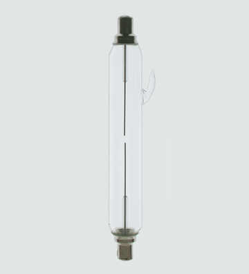 Das Bild zeigt eine Glasröhre mit Metallanschlüssen, die in Experimenten in der Chemie oder Physik verwendet werden kann. Sie könnte beispielsweise für Gasentladungsversuche oder als Teil eines Experiments zur Untersuchung von elektrischen Entladungen genutzt werden.