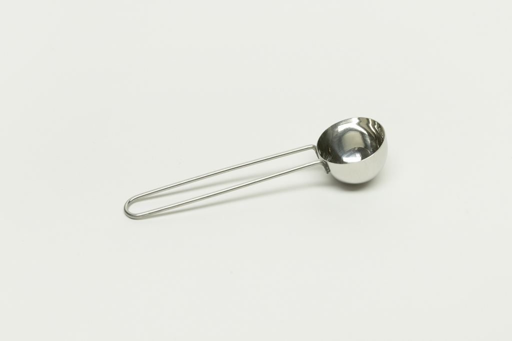 Das Bild zeigt einen silbernen Messlöffel aus Metall mit langem Griff. Er eignet sich ideal für präzise Mengenmessung in Experimenten, insbesondere im Bildungskontext.