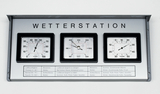 Das Bild zeigt eine Wetterstation mit drei analogen Messgeräten: einem Hygrometer zur Luftfeuchtigkeit, einem Barometer zur Luftdruckmessung und einem Thermometer zur Temperaturmessung. Unter den Messgeräten sind Erläuterungen zu den Messwerten und deren Bedeutung für das Wetter abgedruckt.