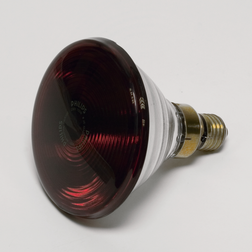 Das Bild zeigt eine rote Infrarotlampe des Herstellers Philips. Die Lampe hat eine spezielle Form und steht auf einer weißen Oberfläche, was sie für verschiedene Experimente im Bildungswesen geeignet macht.