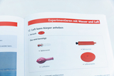 Das Bild zeigt eine Anleitung für ein Experiment zum Thema "Luft kann Körper anheben". Es listet benötigte Materialien auf, darunter ein Ballonventil, einen Luftballon, eine Ballonpumpe und eine Luftkissenplatte.