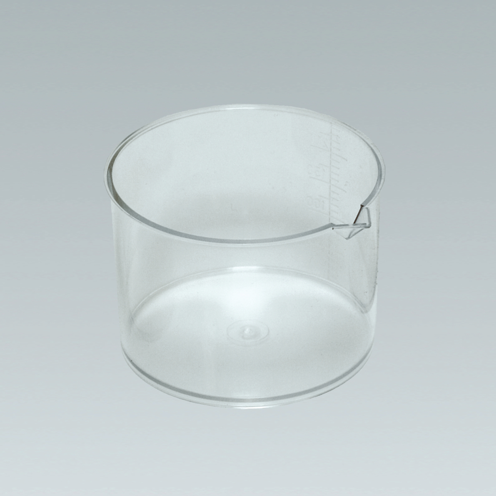 Das Bild zeigt einen transparenten Kunststoffbecher mit einer Messskala. Er eignet sich ideal für Experimentierzwecke in Bildungseinrichtungen und zur genauen Abmessung von Flüssigkeiten.