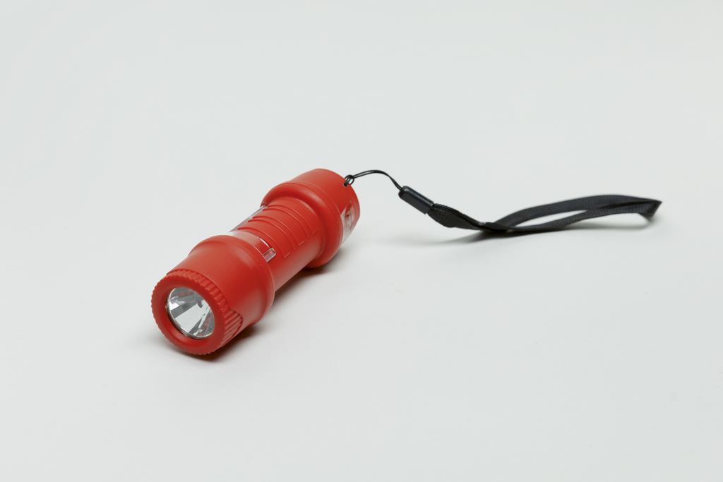 Das Bild zeigt eine rote Taschenlampe, die sich auf einem neutralen, hellen Hintergrund befindet. Sie hat eine Schlaufe und eine glatte Oberfläche, die für den Einsatz im Bildungsbereich oder bei Experimenten geeignet ist.