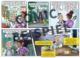 Das Bild zeigt einen Comic-Strip, in dem zwei Charaktere über verschiedene Methoden diskutieren, eine Kerzenflamme zu löschen, während eine andere Figur plant, sich heimlich aus einem Zimmer zu entfernen. Es werden kreative Lösungen vorgeschlagen, um das Licht auszuschalten, ohne entdeckt zu werden.