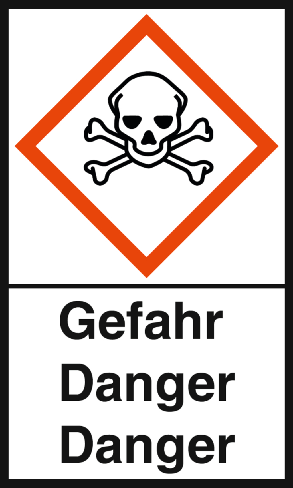 Das Bild zeigt ein Warnsymbol mit einem Totenkopf und gekreuzten Knochen, um auf die Gefahren von giftigen Substanzen hinzuweisen. Darunter steht das Wort „Gefahr“ in großer Schrift, ergänzt durch die englische Übersetzung „Danger“.