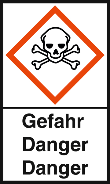 Das Bild zeigt ein Warnsymbol mit einem Totenkopf und gekreuzten Knochen, um auf die Gefahren von giftigen Substanzen hinzuweisen. Darunter steht das Wort „Gefahr“ in großer Schrift, ergänzt durch die englische Übersetzung „Danger“.