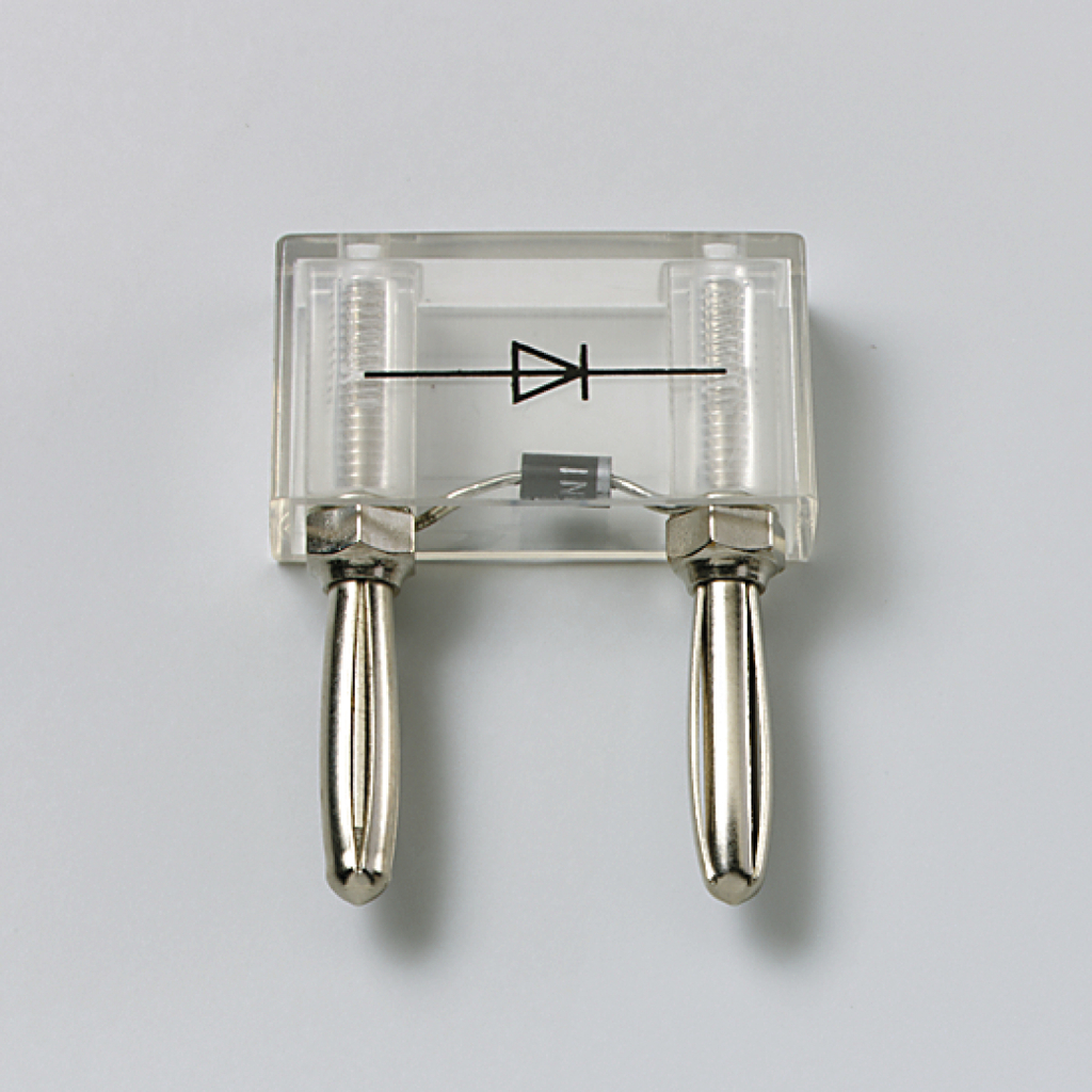 Das Bild zeigt ein transparentes elektrisches Experimentiergerät, das eine Diode darstellt. Es verfügt über zwei Metallkontakte und sind für den Einsatz im Bildungsbereich bestimmt, um die Funktionsweise von Dioden zu demonstrieren.