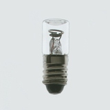 Das Bild zeigt eine kleine Glühbirne mit einer transparenten Glasumhüllung und einem metallischen Sockel. Im Inneren sind die filigranen Drähte der Glühfaden deutlich sichtbar.
