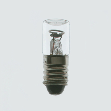 Das Bild zeigt eine kleine Glühbirne mit einer transparenten Glasumhüllung und einem metallischen Sockel. Im Inneren sind die filigranen Drähte der Glühfaden deutlich sichtbar.