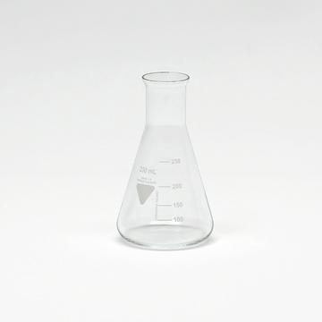 Das Bild zeigt ein klares, gläsernes Erlenmeyer-Gefäß mit einem Fassungsvermögen von 250 ml. Das Gefäß ist mit Messskalen beschriftet, die eine genaue Abmessung von Flüssigkeiten ermöglichen.