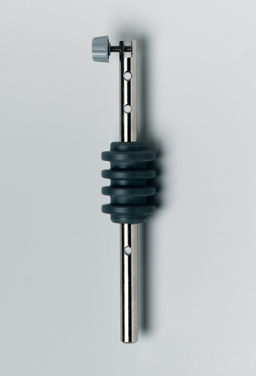 Das Bild zeigt ein Experimentiergerät, das aus einem Metallsteg mit einer gummierten Mittelverbindung besteht. Oben ist eine Schraube zum Befestigen und Justieren angebracht, um es in verschiedenen wissenschaftlichen Versuchen zu verwenden.