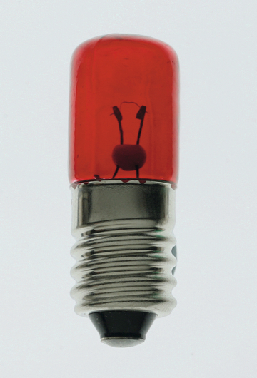 Das Bild zeigt eine rote Glühbirne, die halbtransparent ist und eine funktionsfähige Glühwendel im Inneren zu erkennen gibt. Der Sockel der Birne hat ein schraubbares Design, das für den Einsatz in Experimenten geeignet ist.