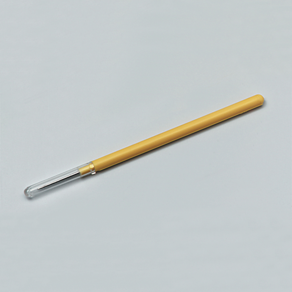 Das Bild zeigt einen gelben Stift mit einer transparenten Kappe am Ende. Er könnte für Experimentier- oder Bastelzwecke im Bildungsbereich verwendet werden.