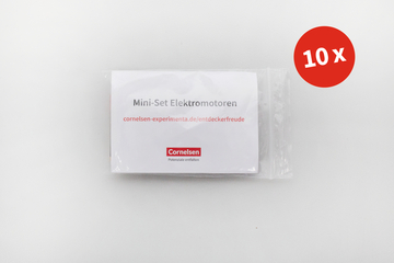 Das Bild zeigt ein Mini-Set mit Elektromotoren, verpackt in einem transparenten Beutel. Auf der Verpackung steht der Hinweis auf die Website und es ist vermerkt, dass das Set zehn Elektromotoren enthält.