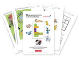 Auf dem Bild sind Arbeitskarten zum Programmieren mit dem Lernroboter eXperiBot für Grundschüler abgebildet. Zudem sind Illustrationen von Tieren und Charakteren sowie verschiedene Spielkarten und Übungen zur Unterstützung des Lernprozesses enthalten.