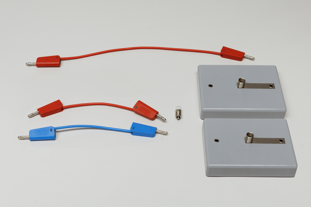 Ein Set aus roten und blauen Verbindungskabeln sowie zwei grauen Kontaktblöcken liegt auf weißem Grund. Eine kleine Glühbirne ergänzt das physikalische Experimentier-Equipment.