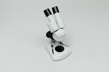 Ein weißes Binokular-Stereomikroskop steht vor einem neutralen, hellgrauen Hintergrund. Das Gerät verfügt über zwei Okulare und eine schwarze Objektplatte auf dem Standfuß.
